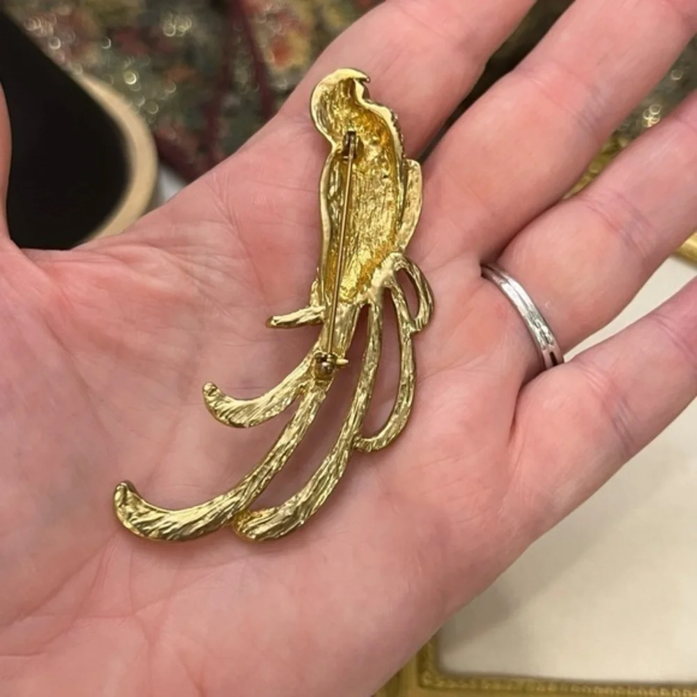 Large Bird‎ of Paradise Brooch Gold Tone Enamel Rhinestones Parrot Bird Colorful